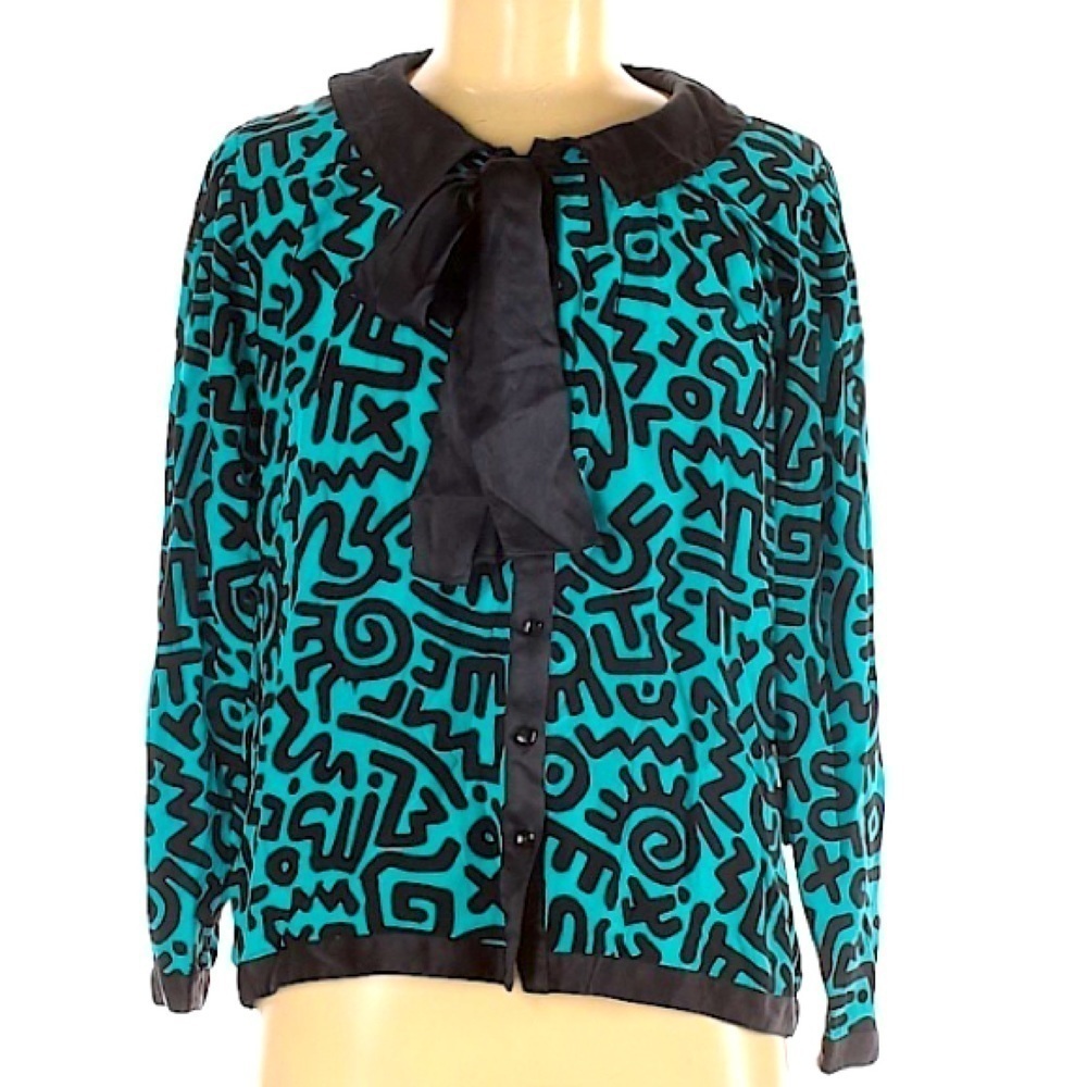 Vintage Louis Fèraud Aqua teal Silk bow collar Art print blouse rare 8 women’s